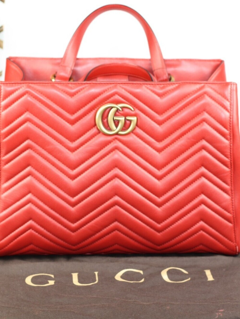 Gucci GG Marmont Medium Red Matelassé Leather Top Handle Tote